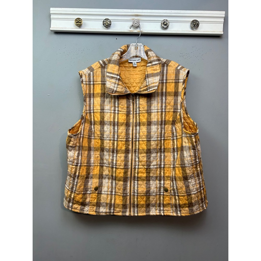 Southern Lady Vest Womens 2X Yellow Plaid Quilted Full Zip Mock Neck